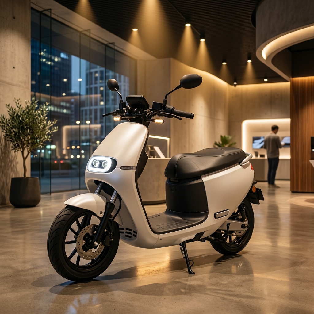 Balaji Autoss Smart EV Scooter Sales and Diagnostic Workshop: Modern electric scooter under showroom led highlights